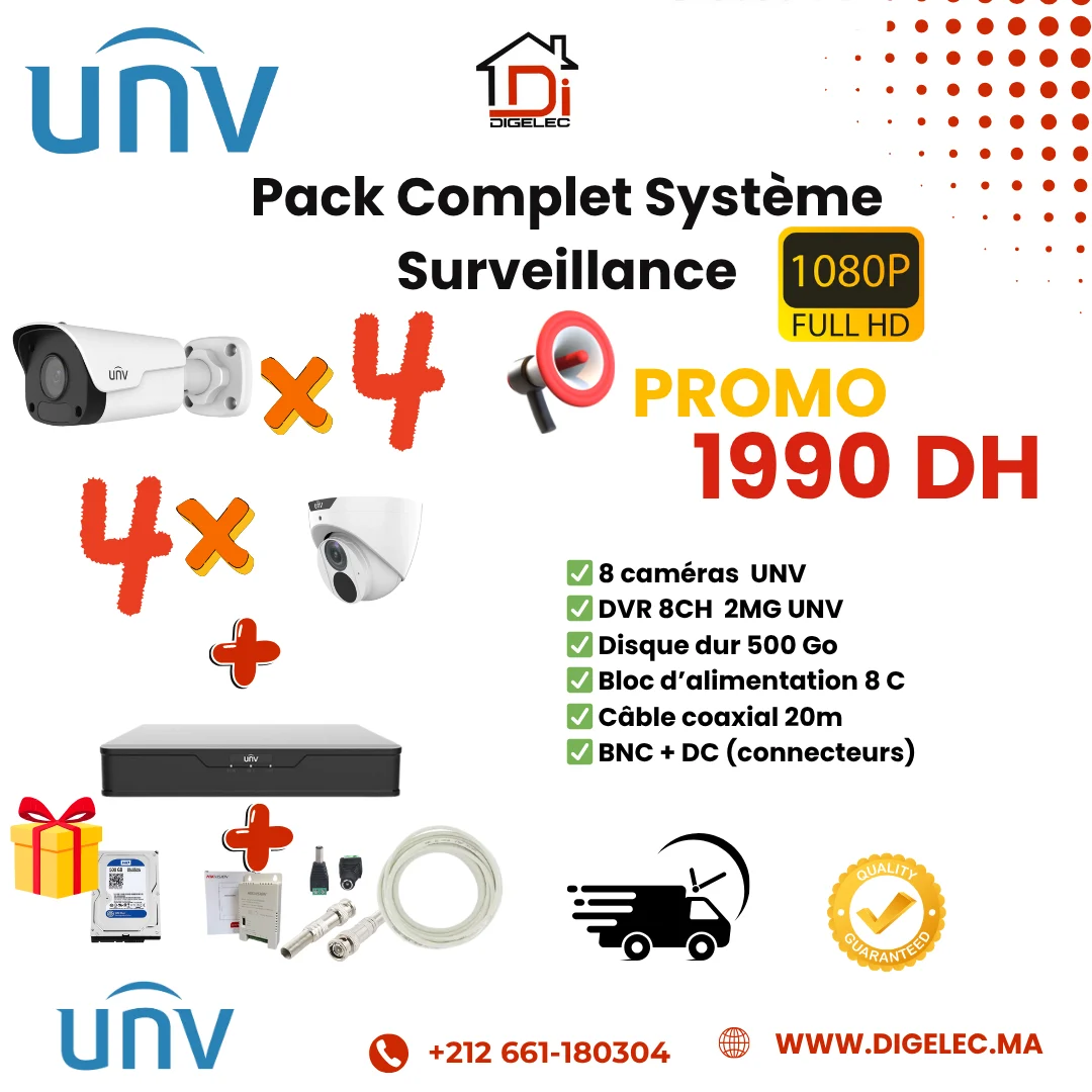 Pack UNV Complet – 8 Caméras + DVR 8CH – Sécurité Totale